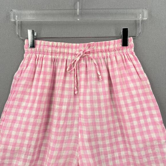 FRANKIES BIKINIS Lou Gingham Shorts Women Medium Pink Linen Drawstring High Rise - Picture 7 of 16